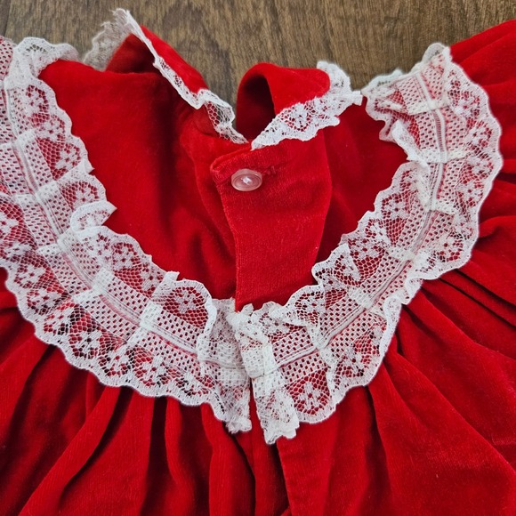 Vintage Red Velvet Baby Dress Lace Rosettes Holiday Christmas 24 Months RN 16954 - Picture 8 of 8